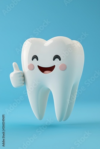 A 3D rendering a happy, healthy tooth giving a thumbs up on a blue background, perfect for engaging dental health concepts.