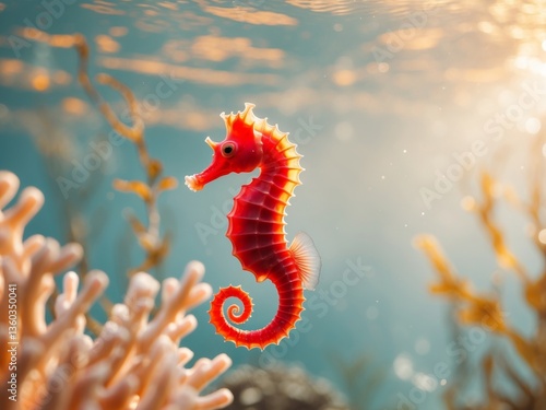 A Red Seahorse Swimming Gracefully Underwater.