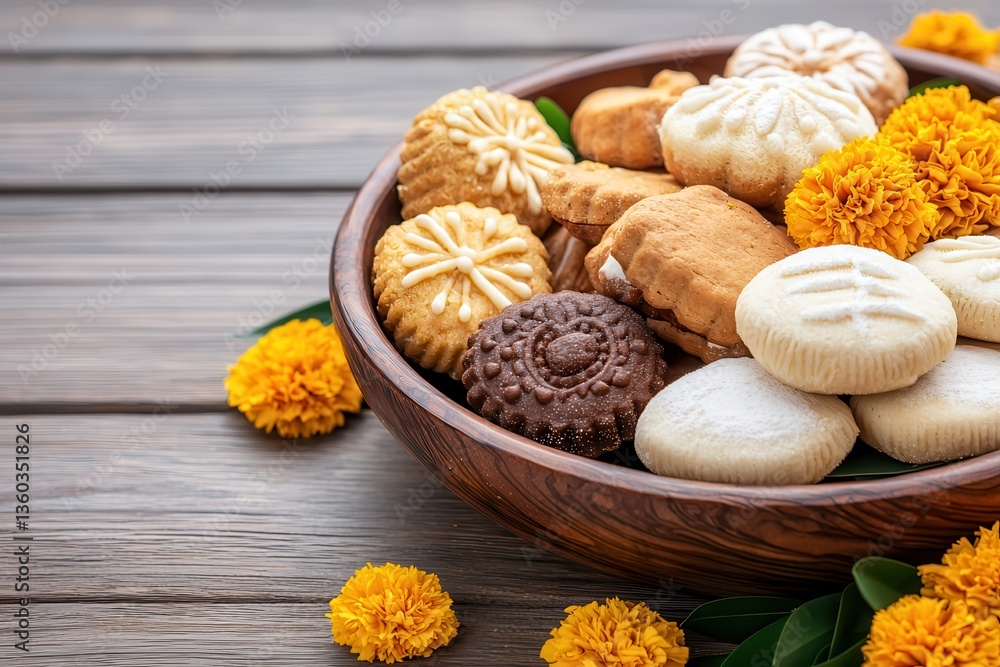 Indian festive Diwali ladoos. Delicious assortment of cookies in a wooden bowl with flowers. Indian festive Diwali ladoos. Delicious assortment of cookies in a wooden bowl with flowers.