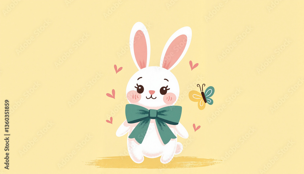 Cute baby bunny with spring bow and butterfly, joyful symbolism Cute baby bunny with spring bow and butterfly, joyful symbolism