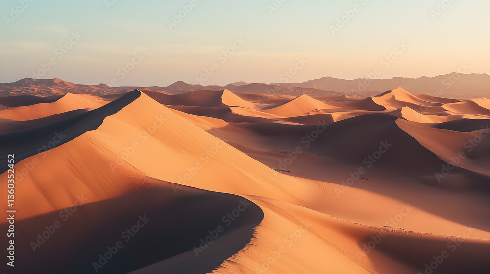 Naklejka premium The breathtaking beauty of a desert landscape, with its towering sand dunes and endless horizon, creates a powerful reminder of the raw strength and solitude of nature