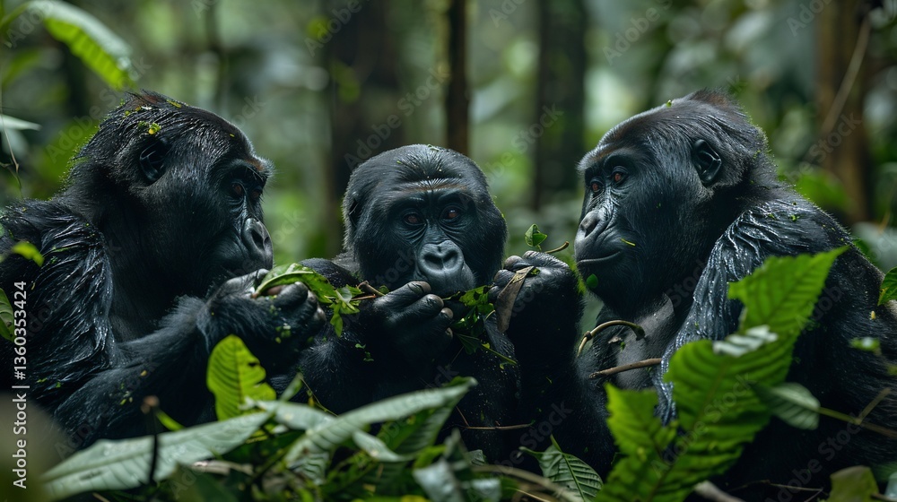 Group of Gorilla beringei graueri eastern lowland gorilla feasting leaf dense rainforest of Congo image capture rich detail of their thick black fur expressive face strong arm they pull branch toward Group of Gorilla beringei graueri eastern lowland gorilla feasting leaf dense rainforest of Congo image capture rich detail of their thick black fur expressive face strong arm they pull branch toward