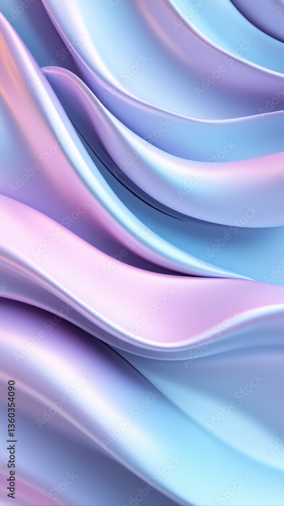 Fototapeta premium Iridescent pastel waves flow in smooth, reflective ribbons of blue, purple, and pink gradients.