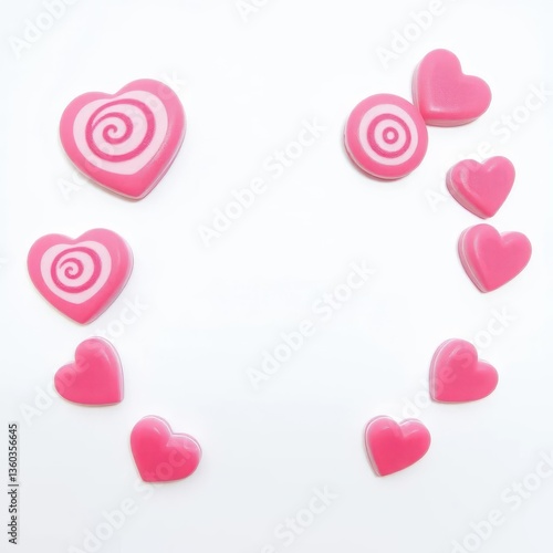 Pink heart-shaped candy with swirl design on white background, candy, love