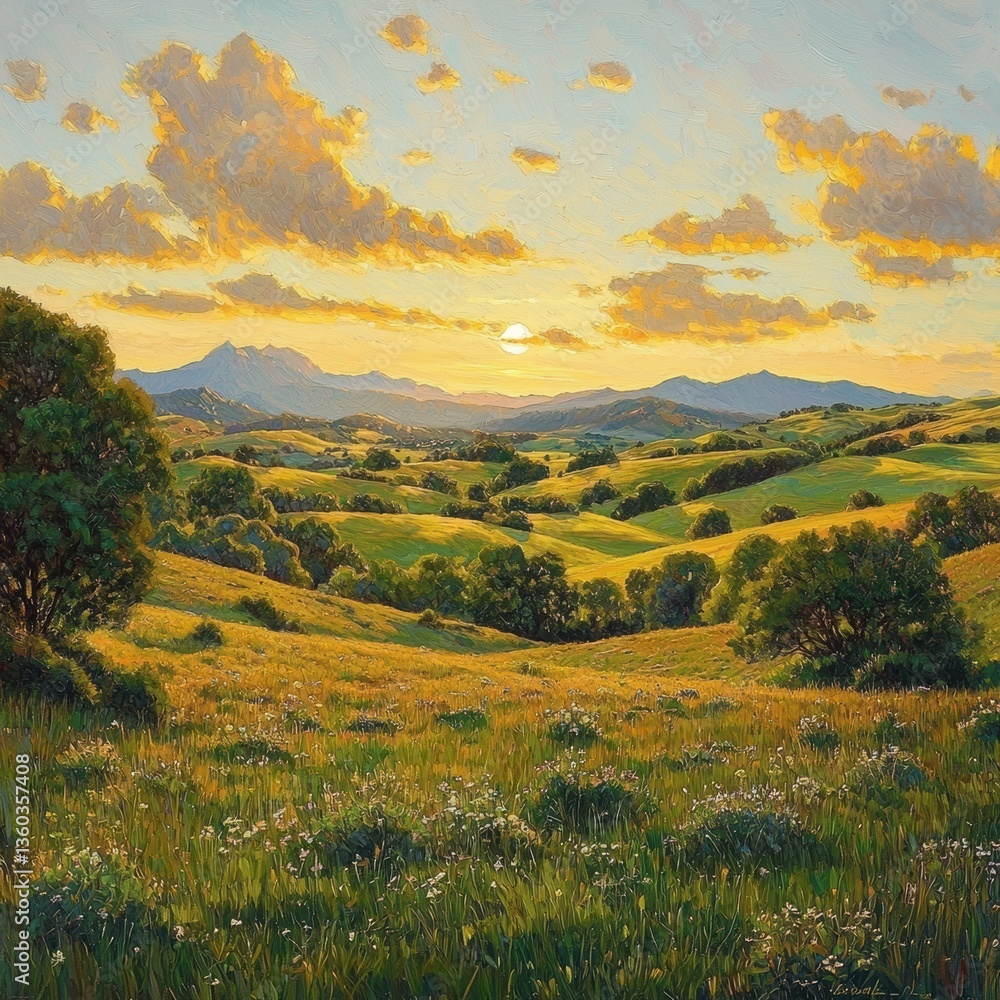 Fototapeta premium Golden Hour Sunset Over Rolling Hills Landscape Painting