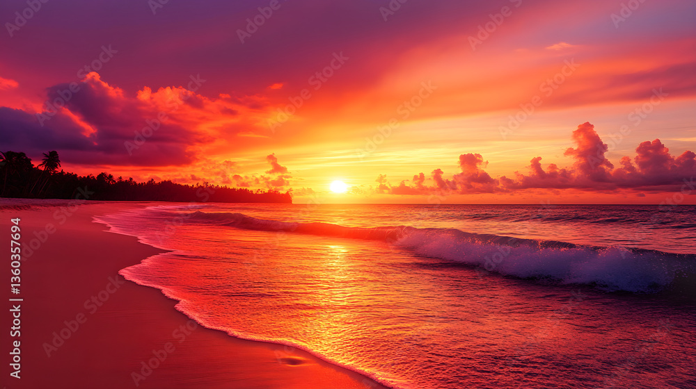 Fototapeta premium The bright, fiery colors of a tropical sunset cast their glow over a peaceful beach, where the sound of waves lapping against the shore adds to the serene ambiance