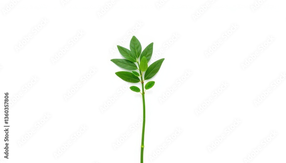 Fototapeta premium Single vibrant green plant, isolated on pure white backdrop, vibrant, stem