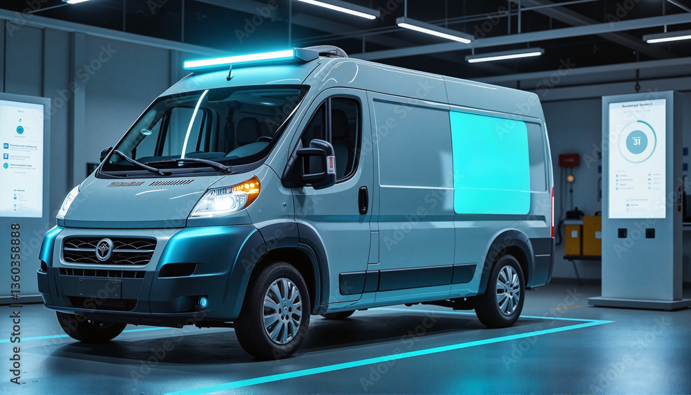 Fototapeta premium Modern delivery van parked in a tech-focused environment 