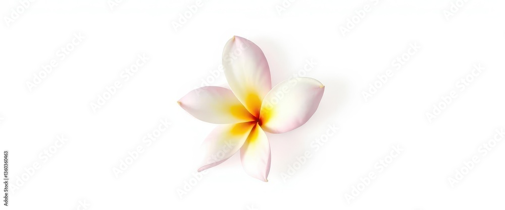 Fototapeta premium A single, pristine frangipani blossom, petals unfurled, set against a pure white backdrop, graphic, close-up