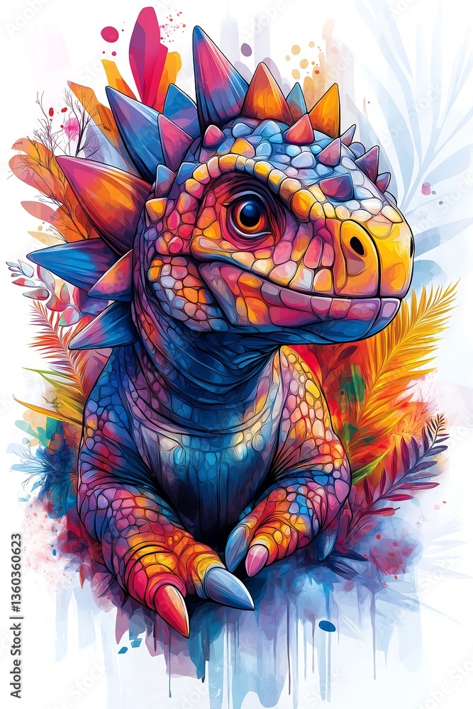Obraz premium Colorful dinosaur illustration surrounded by vibrant foliage in a creative art style