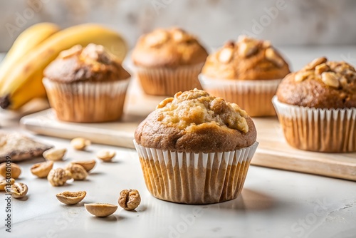 banana nut muffins in white background
