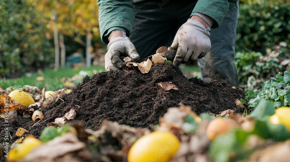Fototapeta premium Gardener Creating a Compost Pile Show a gardener starting a compost pile in the corner of their garden. Layers of organic waste, such as leaves, fruit scraps, and soil, are stacked neatly. 