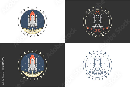 Four logos of a rocket launching in the night sky with stars.
