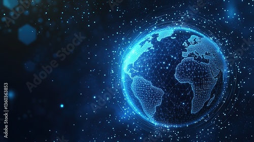 The Earth surrounded by network connections and light dots on a dark blue background, representing the global digital network.