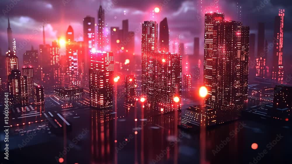 Futuristic city skyline, illuminated by vibrant red lights, showcasing towering structures and a digitally rendered aesthetic Futuristic city skyline, illuminated by vibrant red lights, showcasing towering structures and a digitally rendered aesthetic
