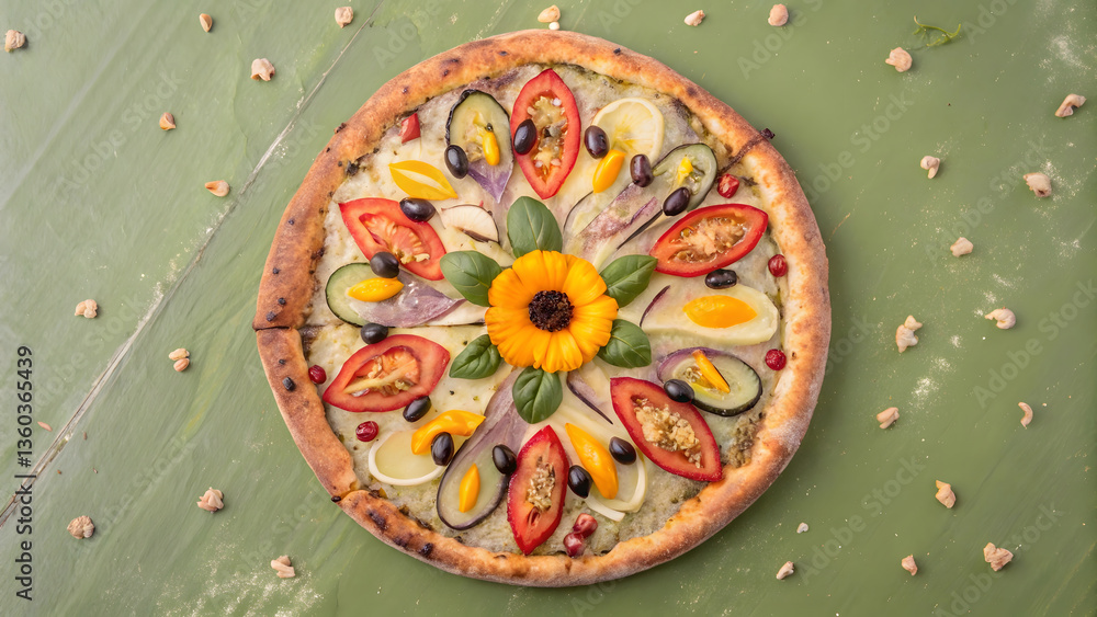 beautifully arranged pizza topped with vibrant vegetables and flower centerpiece, showcasing perfect blend of colors and textures beautifully arranged pizza topped with vibrant vegetables and flower centerpiece, showcasing perfect blend of colors and textures