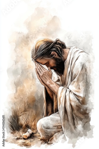 Man kneeling in prayer with folded hands and bowed head symbolizing spiritual devotion humility and personal connection with God. Digital watercolor painting illustration