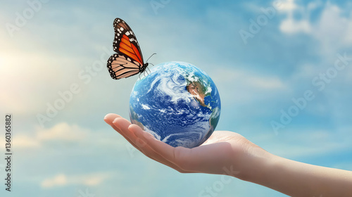A hand holding the Earth planet with butterfly wings against a blue sky background, representing the concept of World Wildlife Day and Earth Day