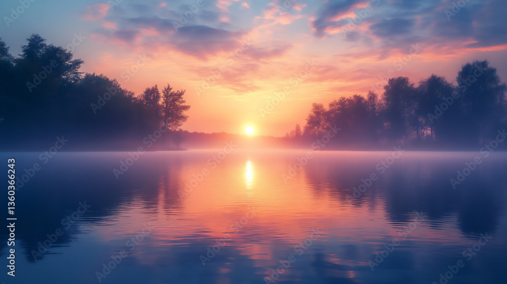 Fototapeta premium a sunrise over a calm lake,