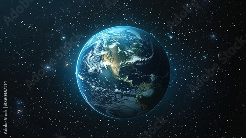 The Earth against a black starry sky, presenting the planet's grandeur in the vast universe.