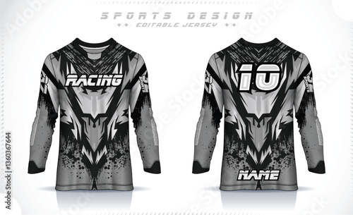 Long sleeve jersey design template, Motocross racing jersey design. Sports uniform front and back view