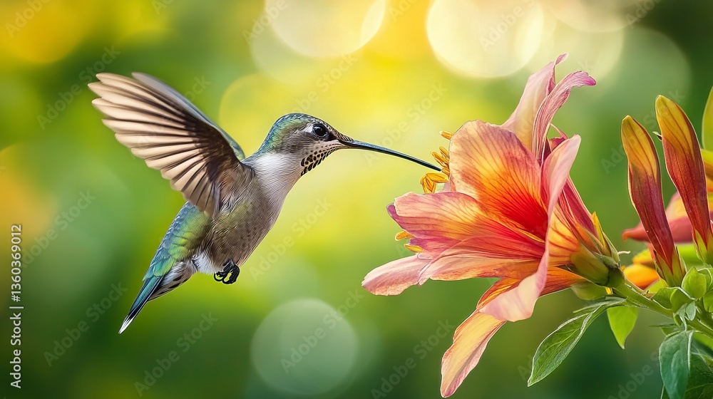 Fototapeta premium A Hummingbird Feeding on Nectar Capture a vibrant hummingbird hovering in front of a brightly colored flower, sipping nectar with its long beak. 