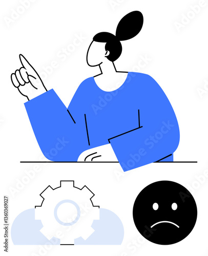 Woman raising finger in thoughtful gesture, gear and frowning face symbolizing solution, idea, thinking, brainstorming, feedback, challenge, and evaluation. Ideal for concepts thumbs up