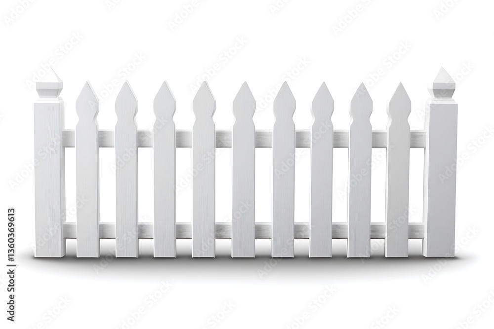 A white wooden picket fence standing on a white surface A white wooden picket fence standing on a white surface