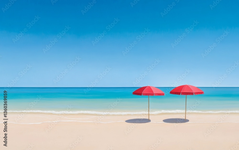 Tranquil Beach Scene with Red Umbrellas and Ocean Tranquil Beach Scene with Red Umbrellas and Ocean