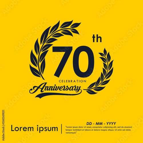 70th years anniversary celebration emblem. anniversary logo isolated with laurel wreath and ribbon on yellow background. vector illustration template design for web, flyers, poster, greeting card