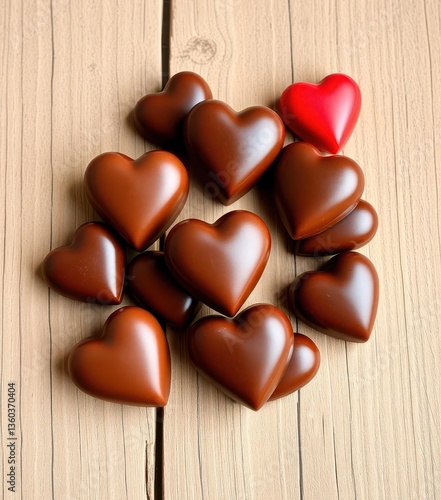 Heart-shaped chocolate candies, glossy surface, arranged on a rustic wooden background, brown, food