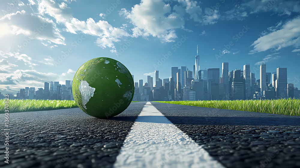 Earth Globe on Road with City Skyline