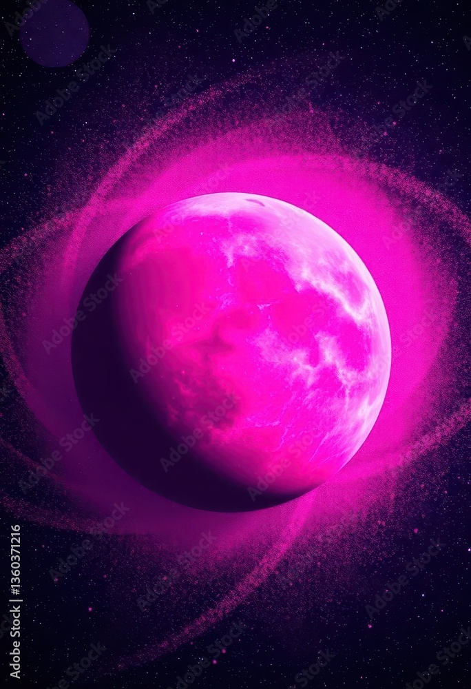 Fototapeta premium Magenta planet surrounded by shimmering stardust, cosmic dust swirling, galaxy, cosmic dust, design