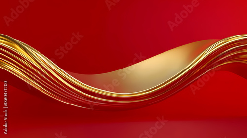 Obraz na płótnie Golden Curved Waves with Red Background w salonie