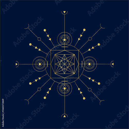 A golden geometric design on a deep navy background, radiating balance and harmony. This intricate mandala-like illustration features interconnected lines, circles.