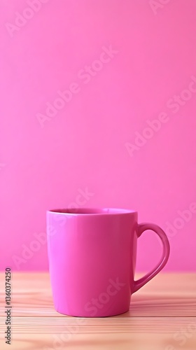 A pink ceramic mug is resting on a wooden surface