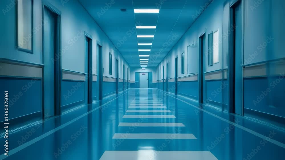 Long corridor with blue lighting and polished floors in a modern building Long corridor with blue lighting and polished floors in a modern building