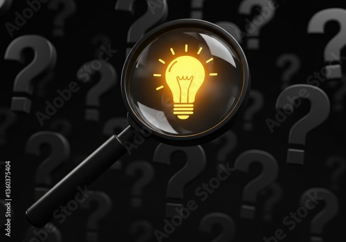 Magnifying Glass Focusing on Lightbulb with Surrounding Question Marks Representing Idea Search and Innovation