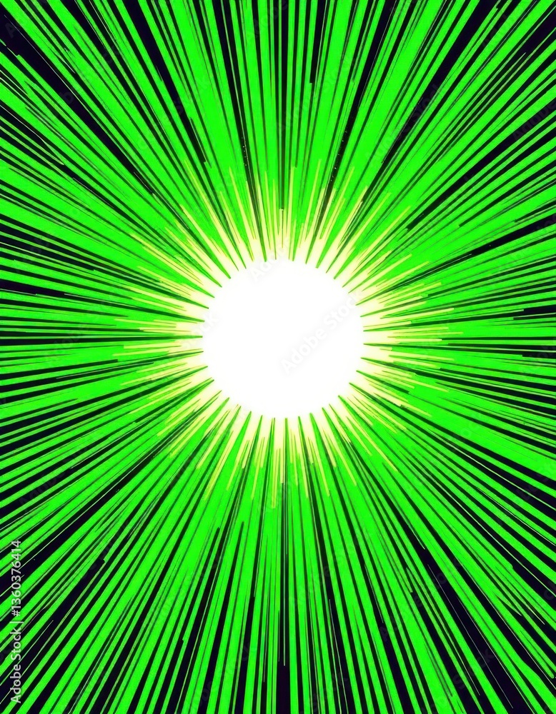 Fototapeta premium Vibrant green sunburst radiating from center, halftone comic book style, comic, burst, texture