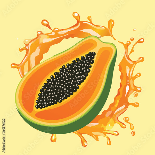 A fresh papaya with a burst of juice splashing around it, highlighting the vibrant orange color..