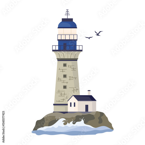 Stone lighthouse with rocks Nautical navigation tower with small house and beacon lights helping ships to navigate. Construction tower with observation point and signals. Flat vector illustration
