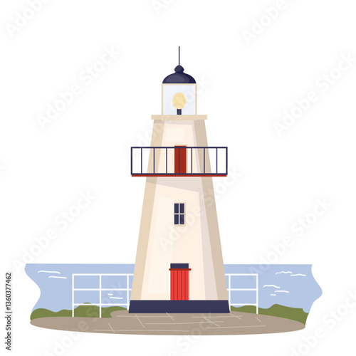 Stylized lighthouse with sea coast Marine seaside architecture. Symbol of coastal safety, design element. Construction nautical tower with observation point and signals. Flat vector illustration