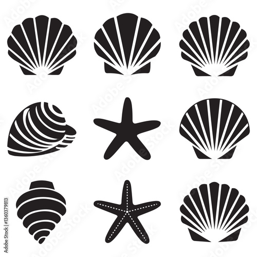 Stylized Marine Life Icons Seashells, Starfish, and Ocean Elements