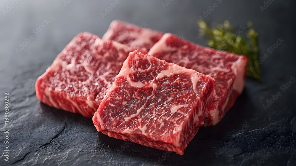 Fototapeta premium Ultra Close Macro Shot of Raw A5 Wagyu Beef Cuts on Dark Slate Background with Fresh Herbs