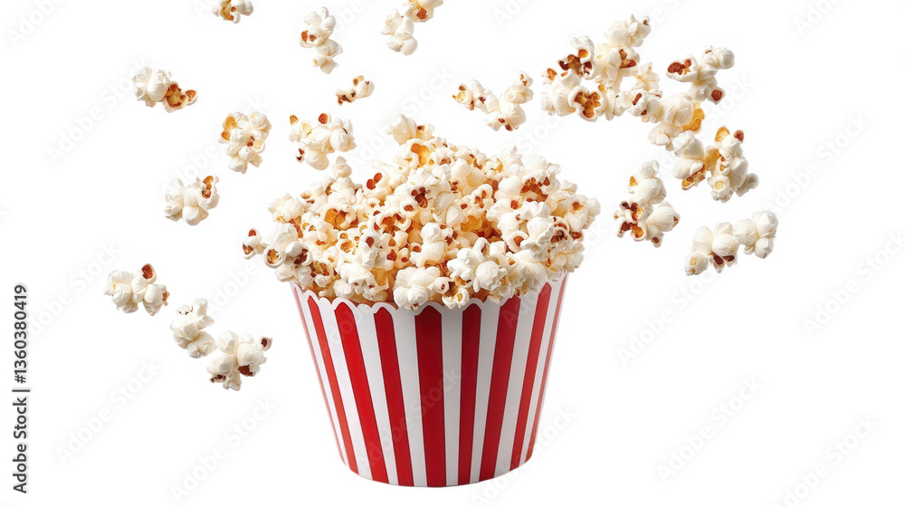 Popcorn in a Striped Container, Delicious Snack Time Popcorn in a Striped Container, Delicious Snack Time