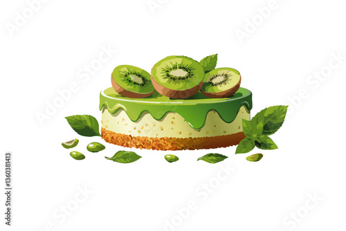 Tarta de queso de kiwi fondo blanco, realista, estilo 4k