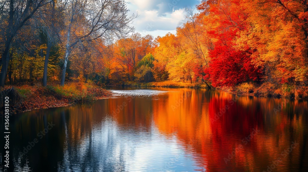 Fototapeta premium Vibrant Autumn Foliage Along a Riverbank Along a winding riverbank, trees are bursting with vibrant autumn colors of red, orange, and yellow, their reflection mirrored in the calm water 