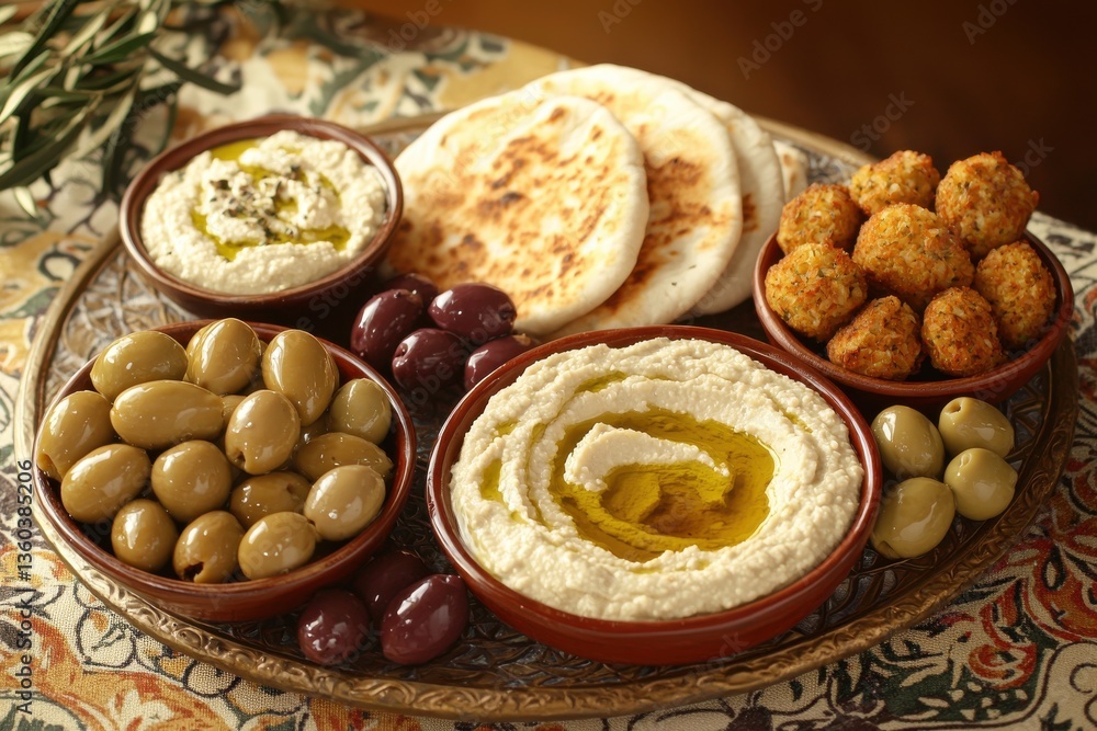 A flavorful Middle Eastern platter with hummus, olives, falafel, and pita bread, presented on an ornate tray, offering a delicious and healthy appetizer or light meal. A flavorful Middle Eastern platter with hummus, olives, falafel, and pita bread, presented on an ornate tray, offering a delicious and healthy appetizer or light meal.