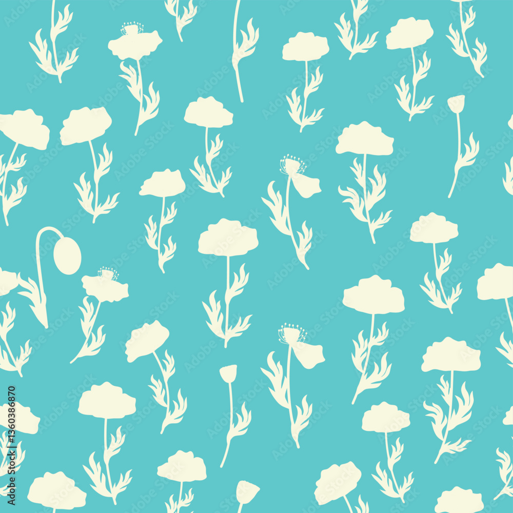 Naklejka premium Bicolor contour silhouette seamless pattern with poppy flowers and leaves. Abstract floral spring, summer pastel pattern