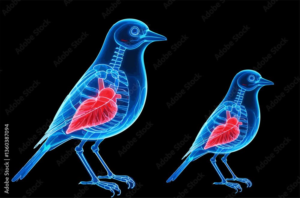 Obraz premium abstract illustration of a transparent Erithacus rubecula robin skull with blue and red light